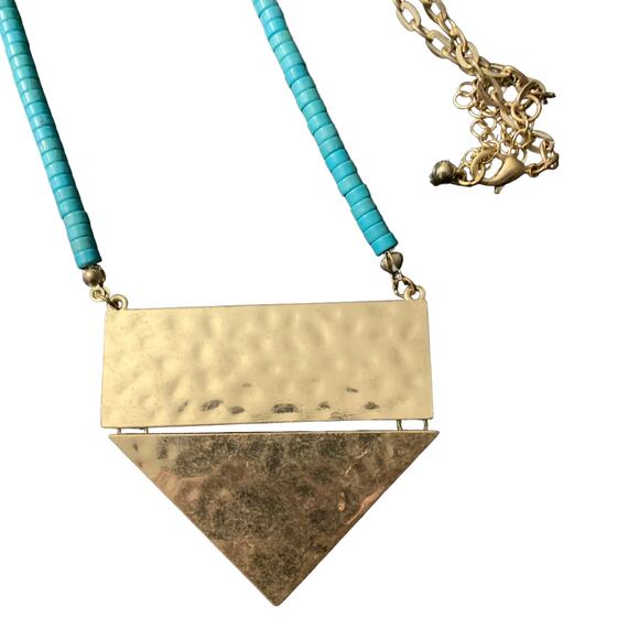 Teal Wooden Bead Necklace Hammered Gold Colored Charm - Picture 2 of 5